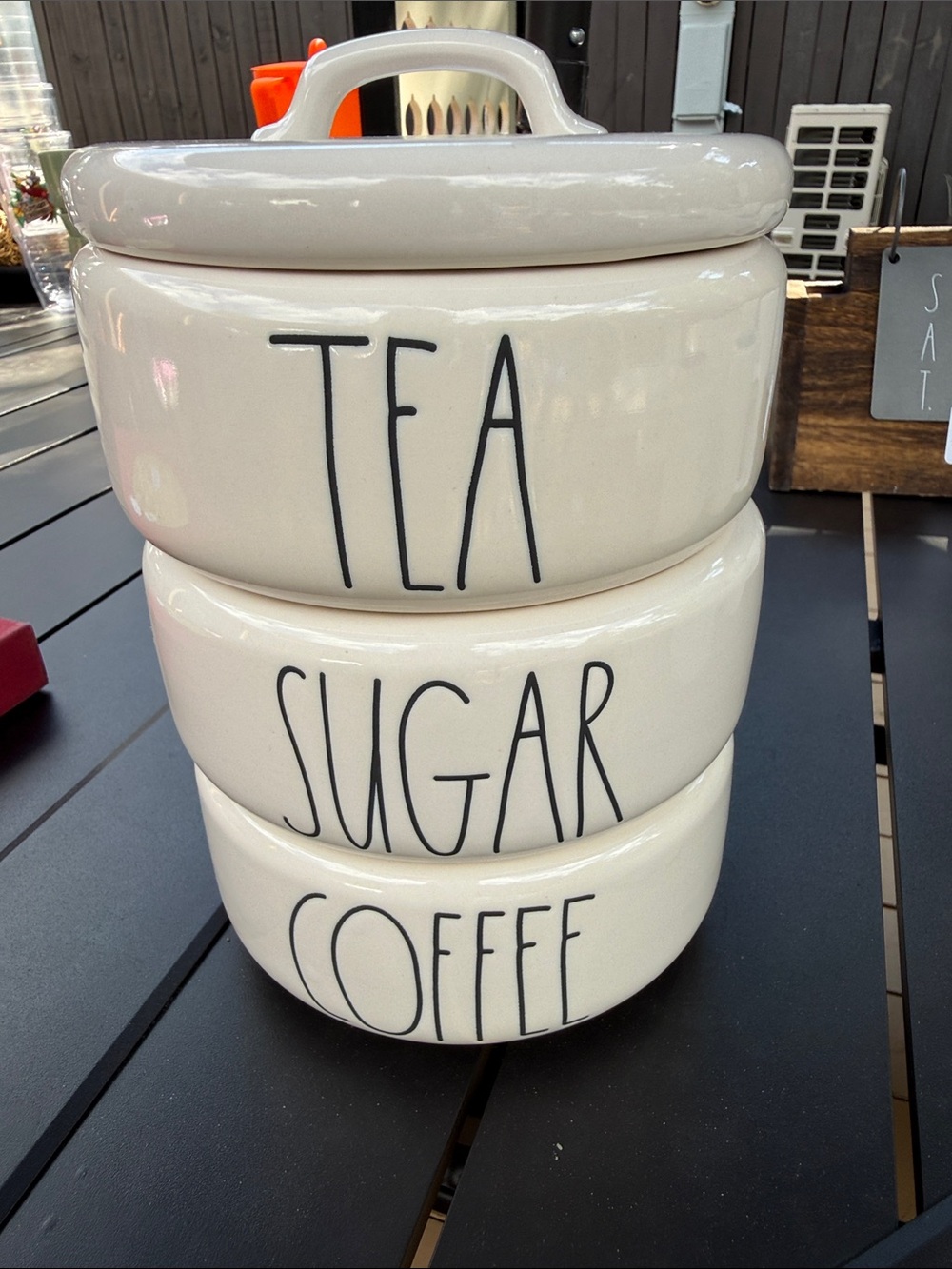 Rae Dunn Cream Ceramic Stackable Canister Set with Black Lettering